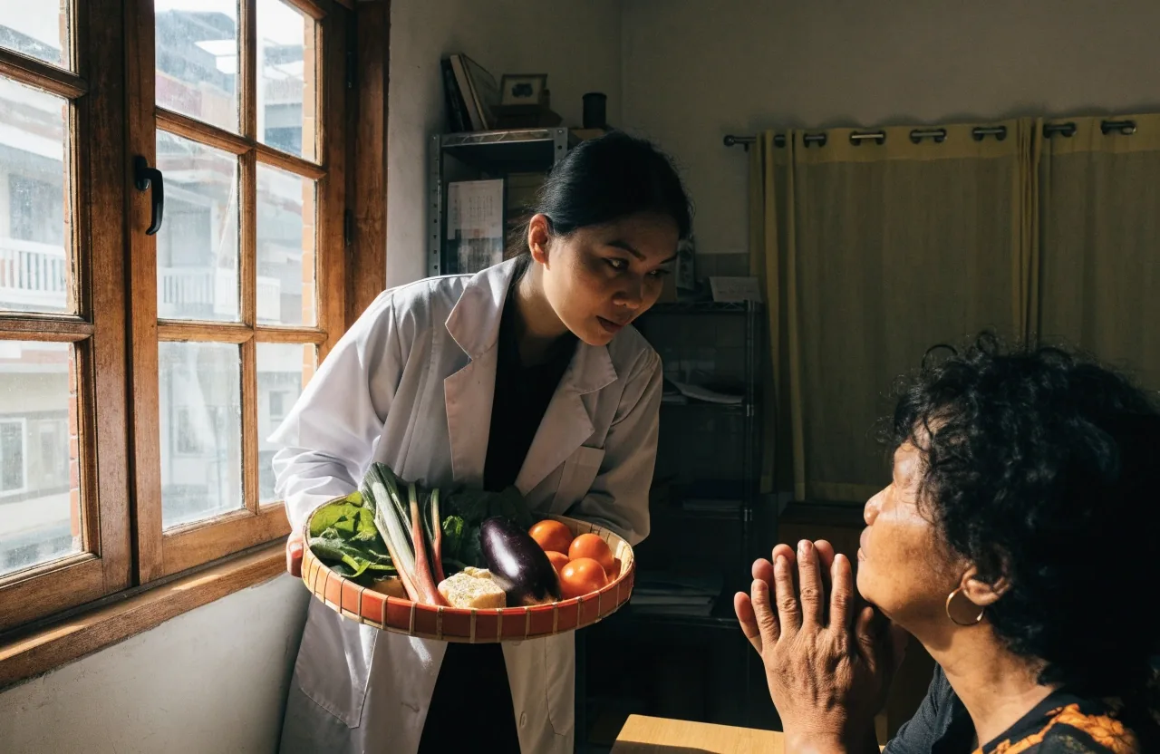 Dietitian reviewing a printed weekly food plan with a client at a bright table