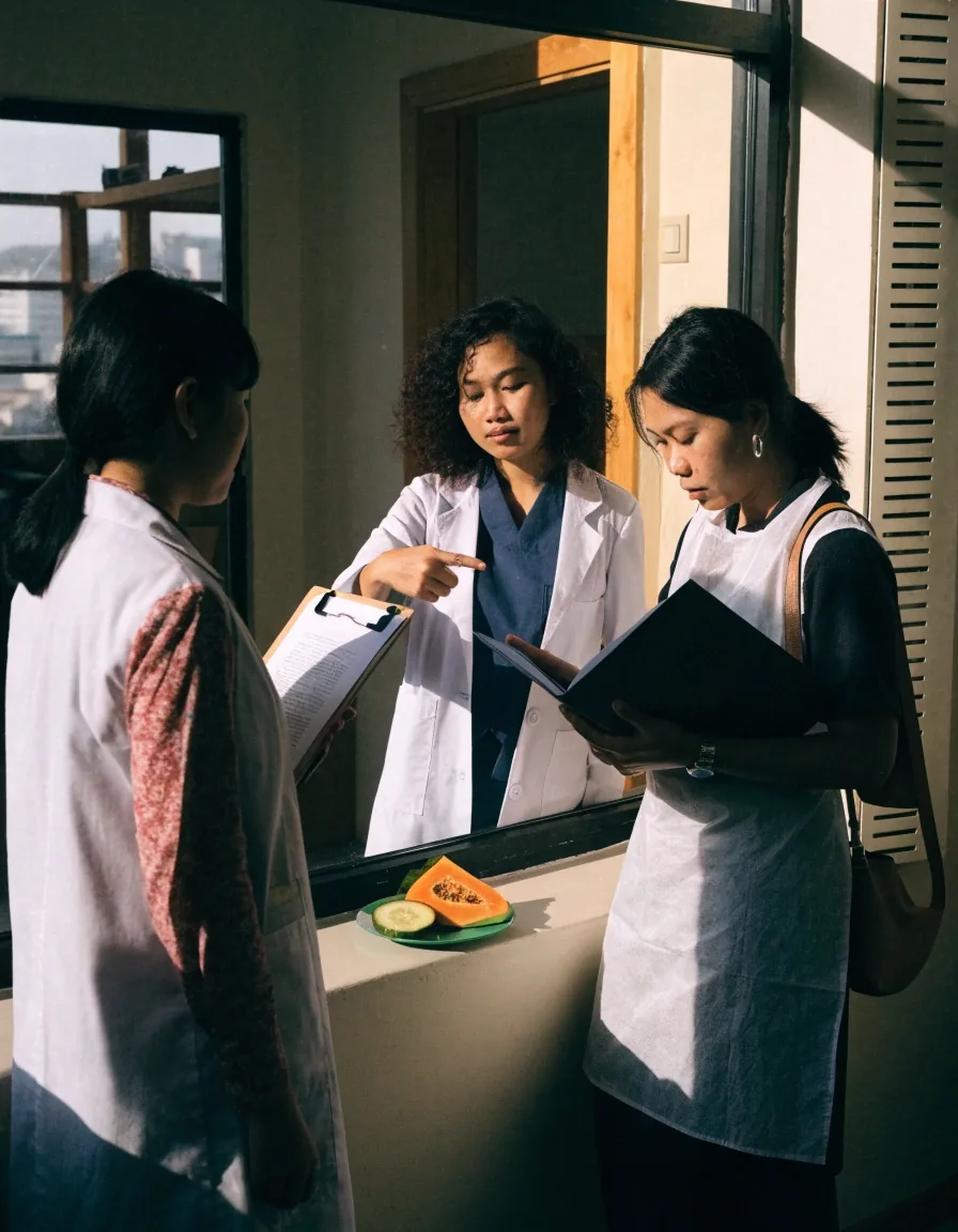 Nutrition professionals comparing printed weekly meal outlines in a Medan office