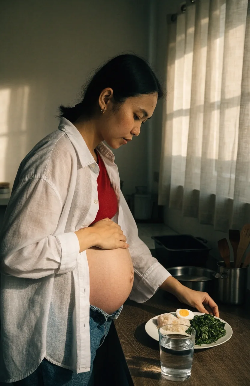 A new mother with a simple breakfast beside her in a quietly lit room
