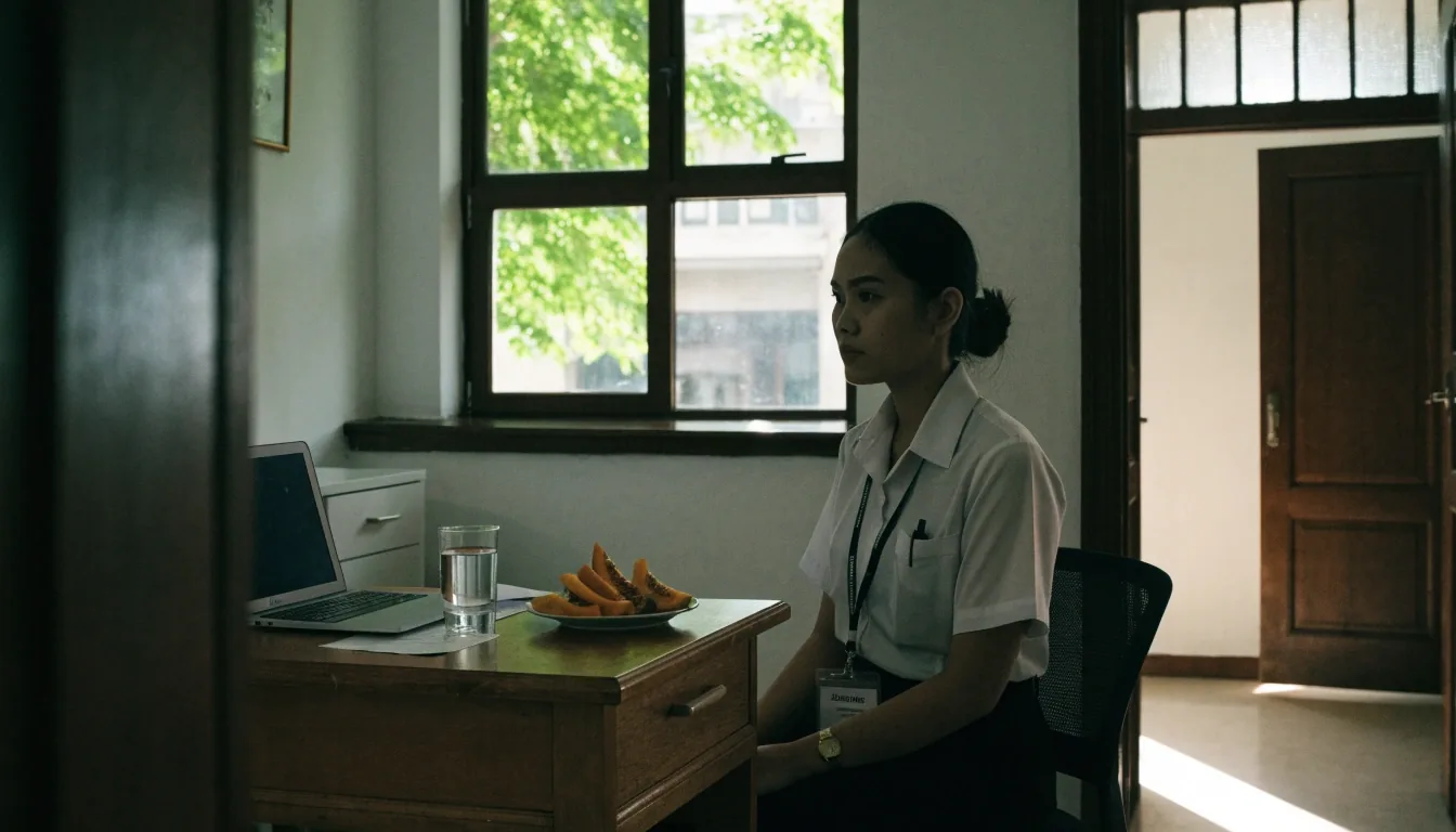 A registered dietitian working at a wooden table in a small clinic room with doorway light and a green view outside