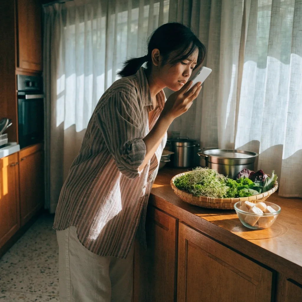 A woman registering for an online nutrition consultation on a tablet at her dining table