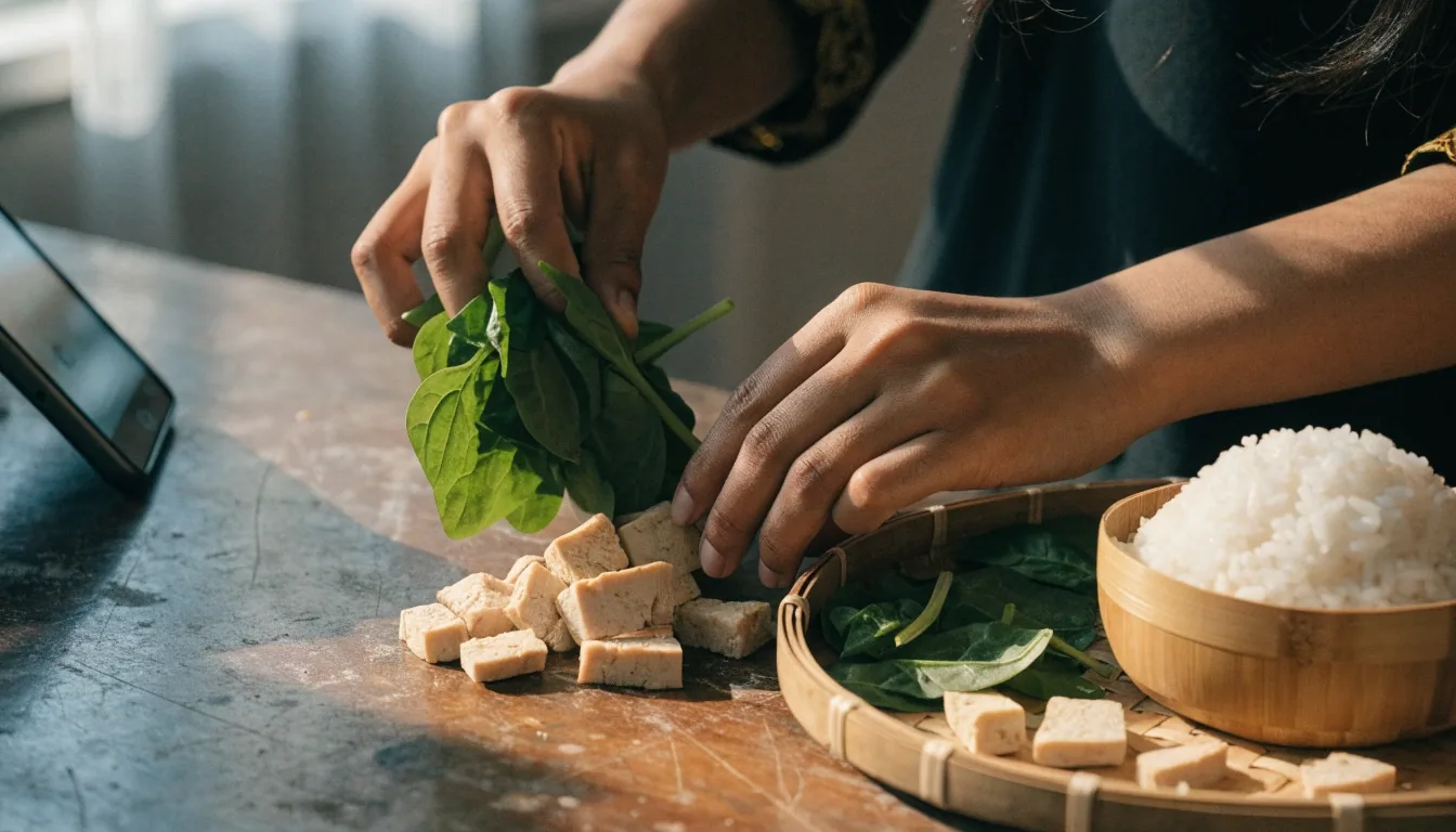 Fresh vegetables, tempeh and rice on a kitchen counter during an online nutrition consultation