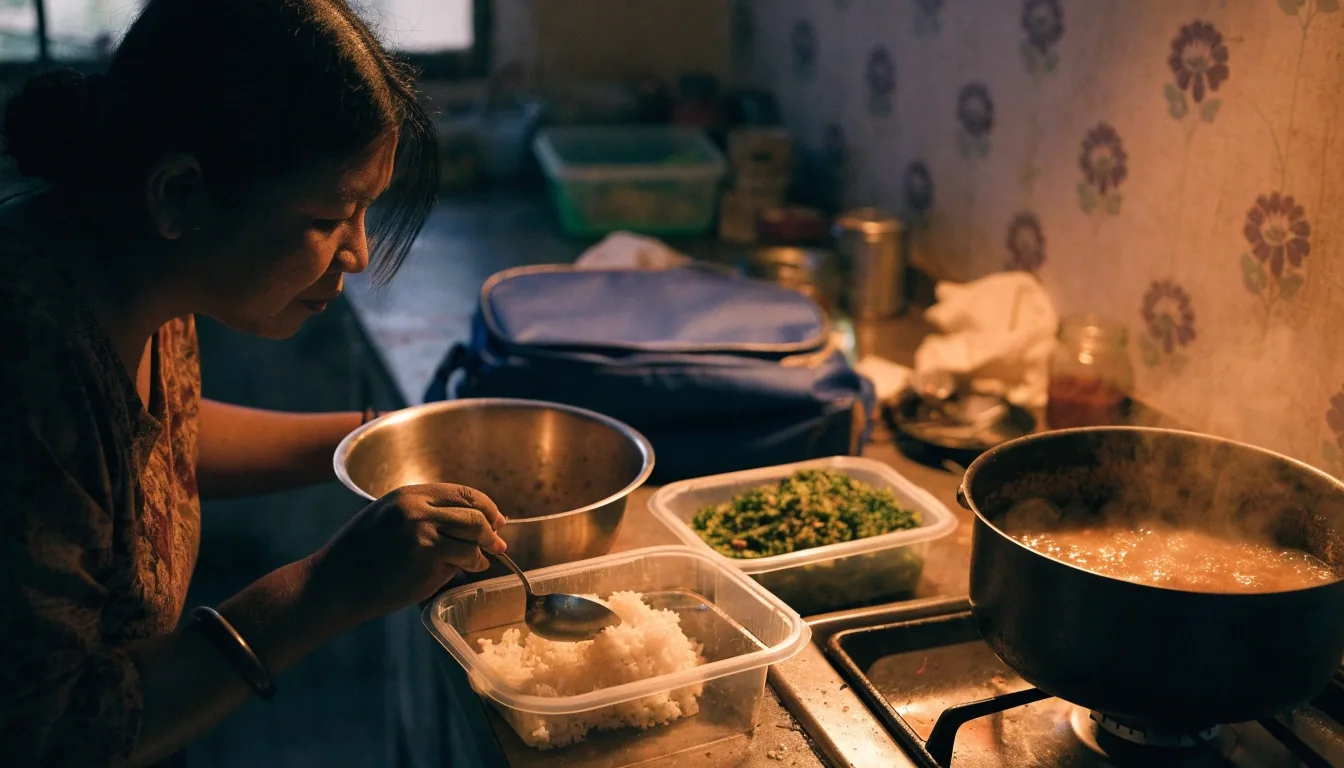 A neighbourhood warung serving a takeaway lunch of rice and cooked dishes