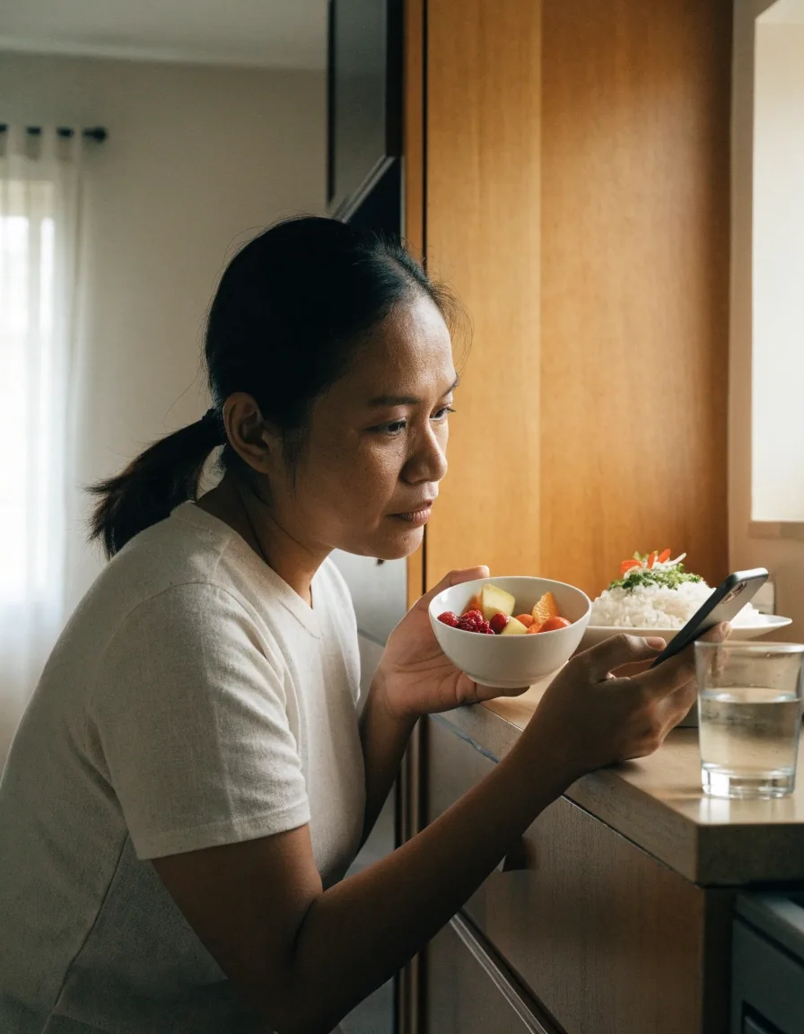 A client preparing a short list of everyday meals before an online nutrition session