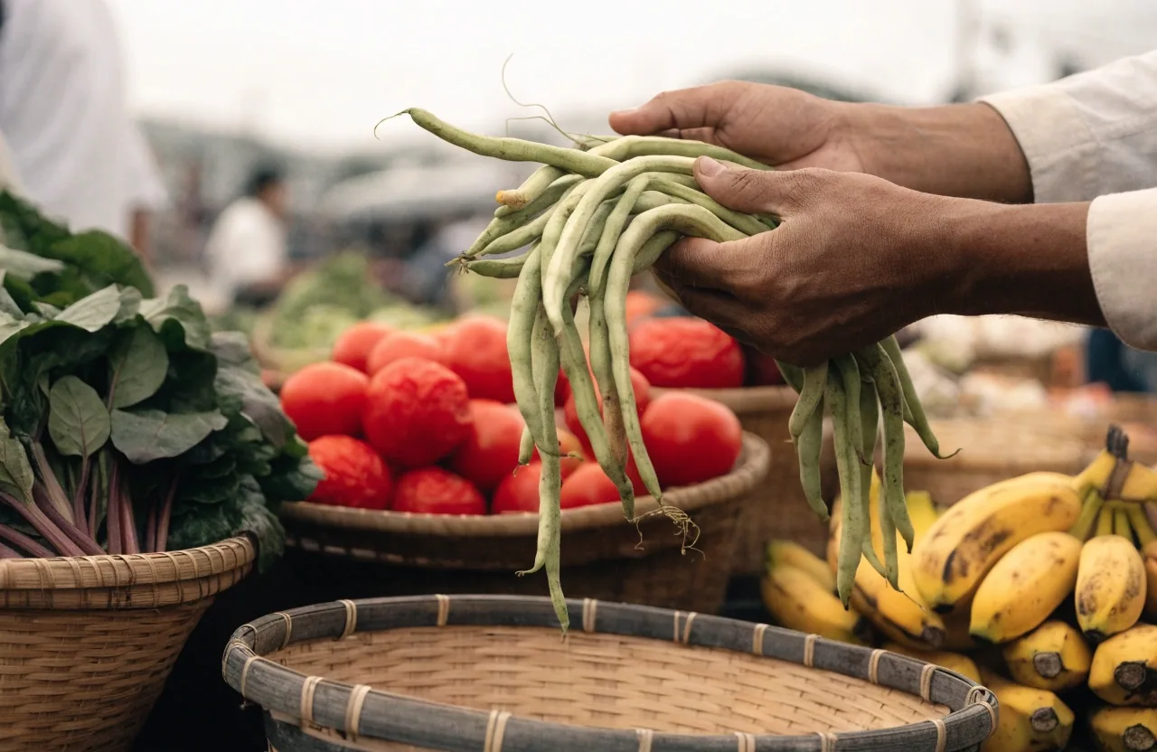 Shopper choosing long beans at a morning market stall piled with greens, tomatoes, and bananas