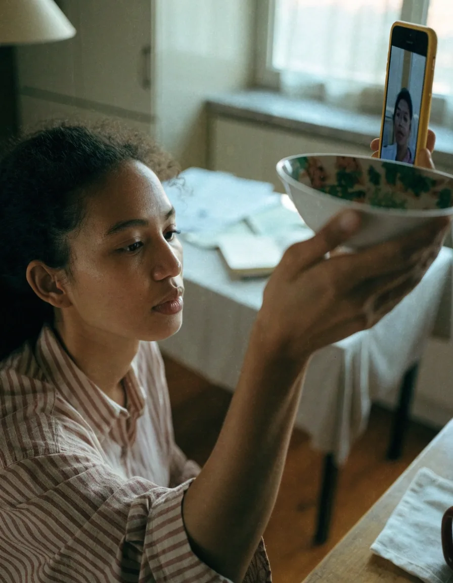 A woman at her kitchen table holding up a handwritten weekly meal plan during an online dietitian consultation