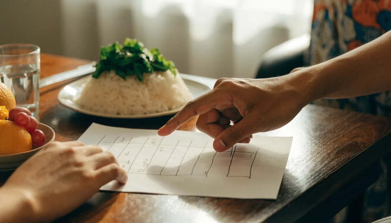 Handwritten weekly meal notes beside a home-cooked plate of rice, greens, and grilled fish on a wooden table
